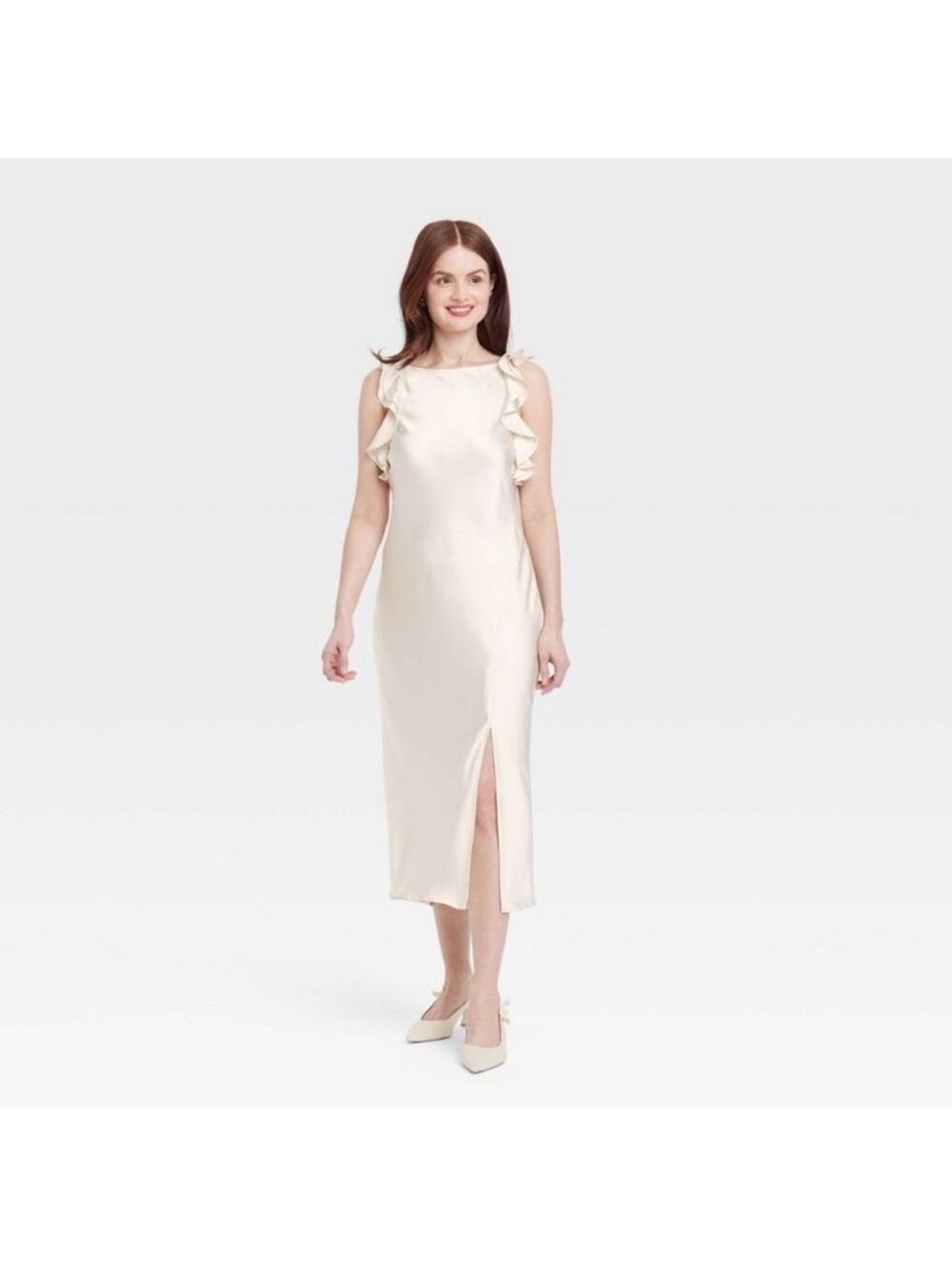 a new day Cream Ruffle-Trim Sleeveless Midi Dress